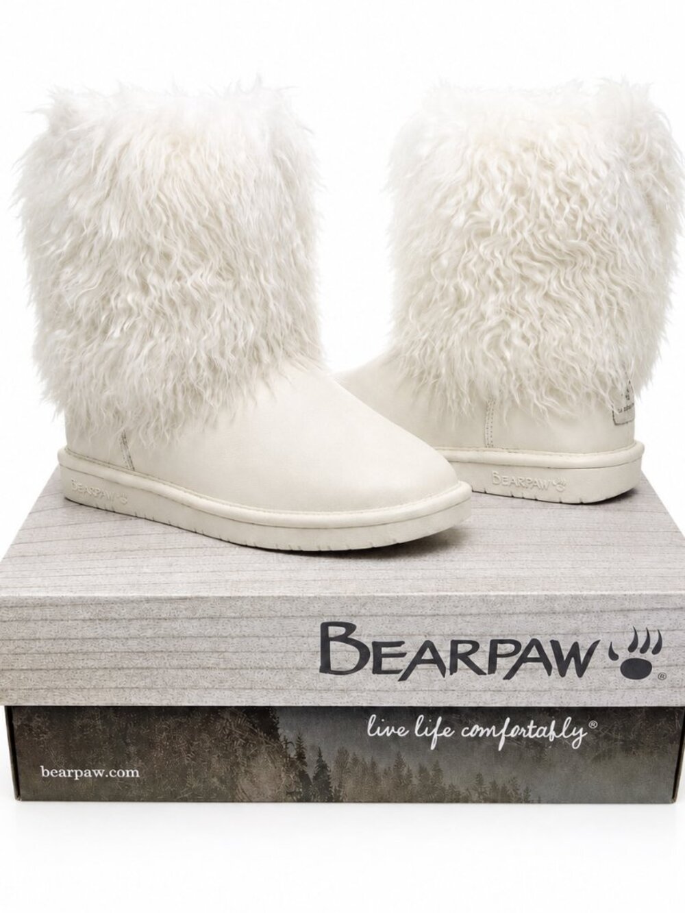 Bearpaw Boo Off White Shearling Wool Curly Lamb Fur Boho Sherpa Boots 8 NEW